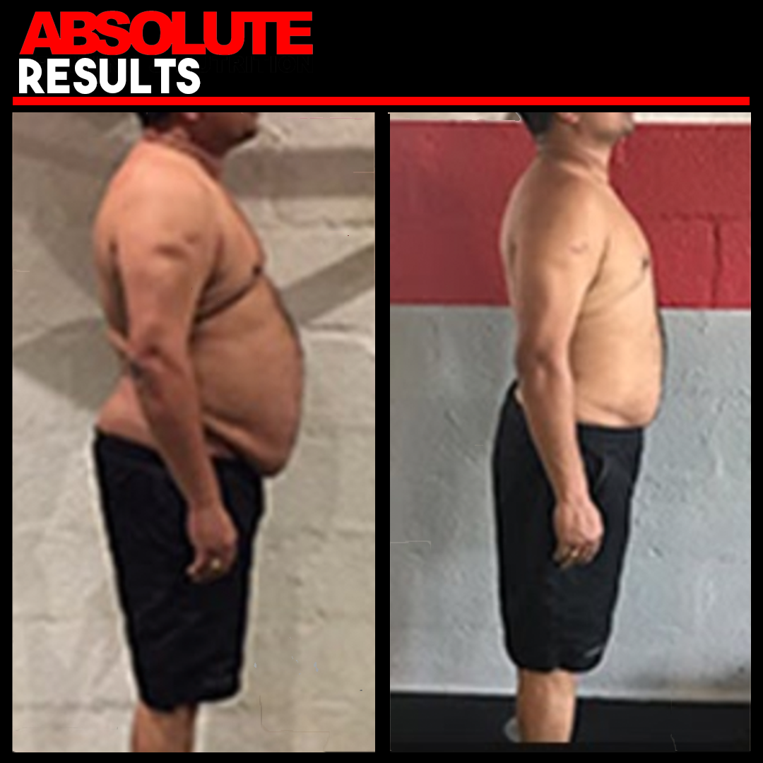 a transformation of a man who has lost stomach fat