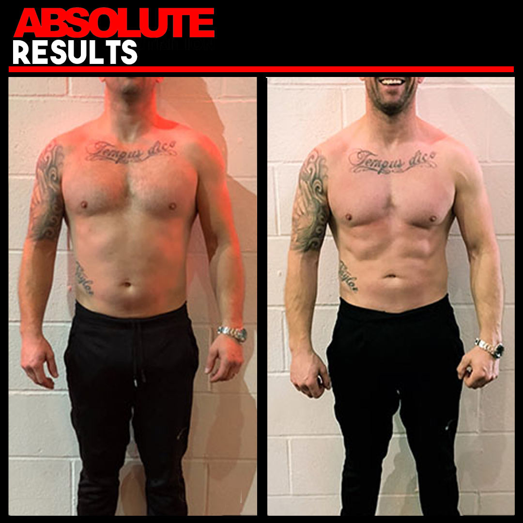 a transformation of a man who has gained muscle definition on his stomach