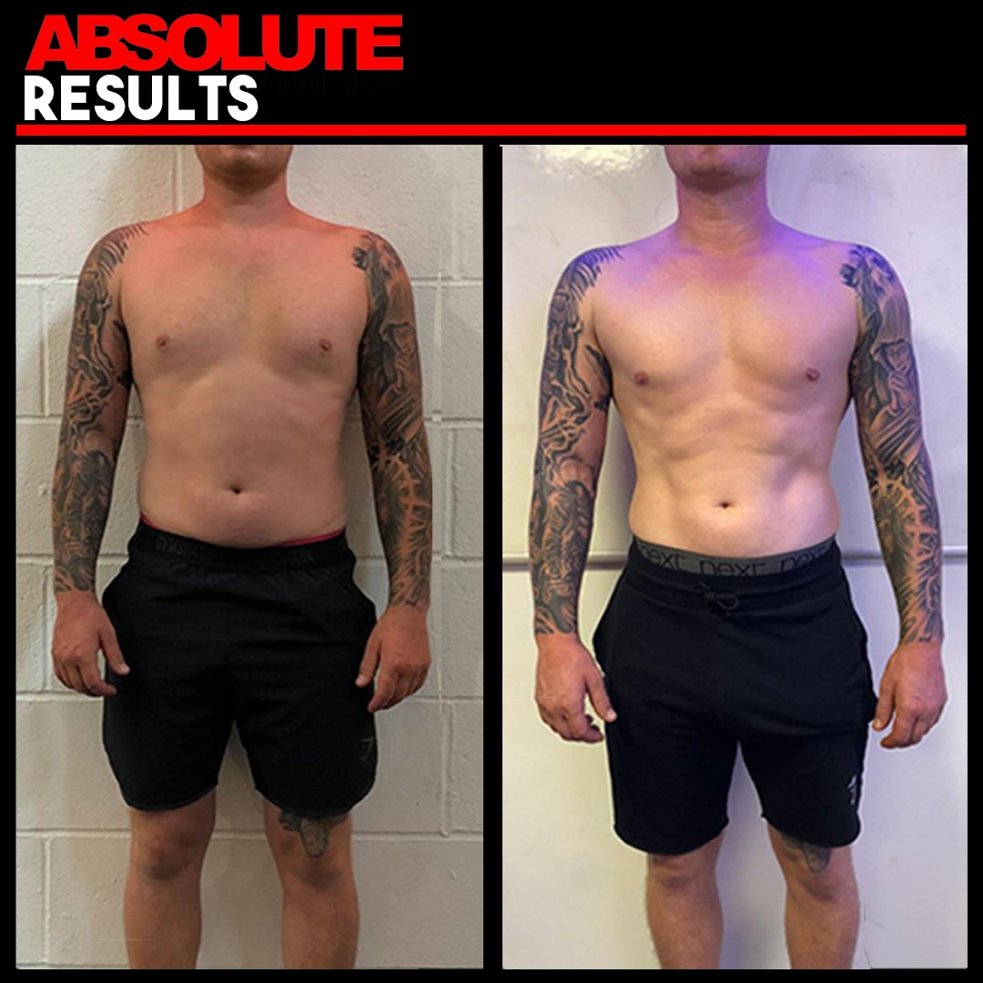 a transformation of a man who has lost weight and toned up wearing black shorts with tattoos